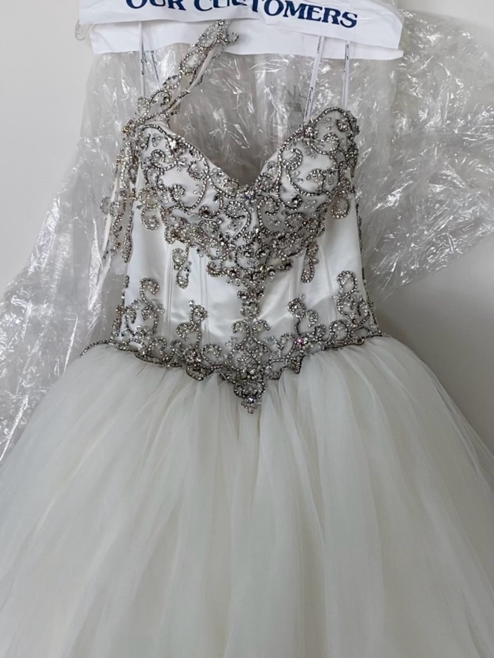 Beaded White Tulle Wedding Dress with Ornate Silver Embellishment
